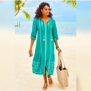 Soft Surroundings Jolie cotton gauze embroidered teal and white midi dress Large